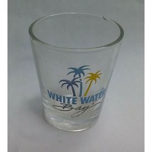CHIPPED Vintage White Water Bay Amusement  Park Blue Shot Glass